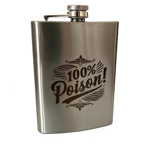 Flachmann, Edelstahl mit Gravur: 100% Poisen.